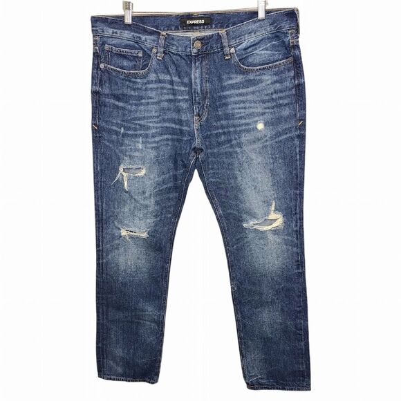 EXPRESS Men's 36x32 Original Slim Fit Distressed Dark Wash Denim Jeans - Picture 1 of 16